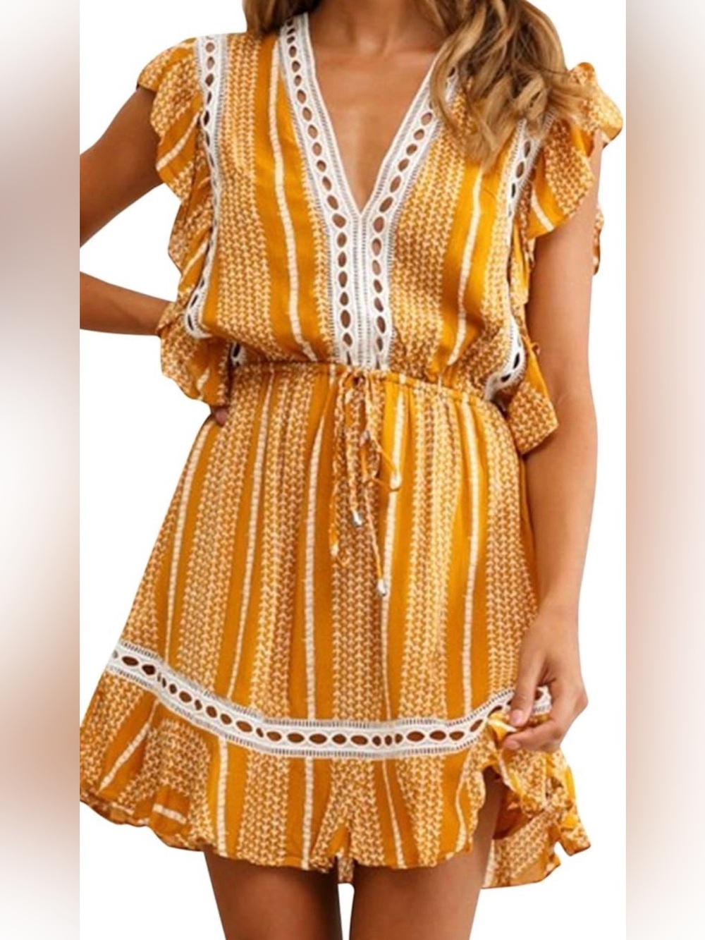 Mustard and White Lace Accent Dress, Medium